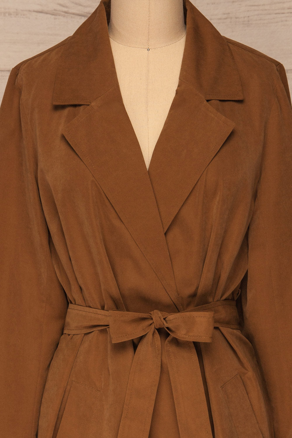 Catimbo Brown Tencel Midi Jacket w/ Belt | La petite garçonne  front close-up