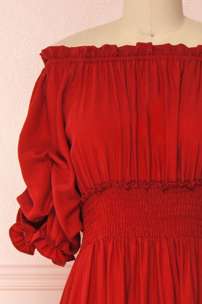 Catolie Red Layered Midi Dress w/ Frills | Boutique 1861 front close-up