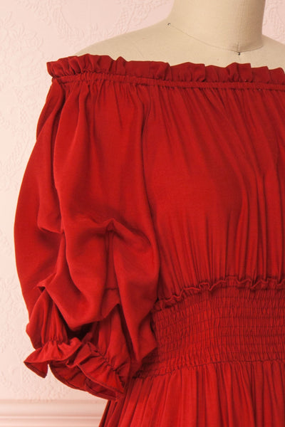 Catolie Red Layered Midi Dress w/ Frills | Boutique 1861 side close-up