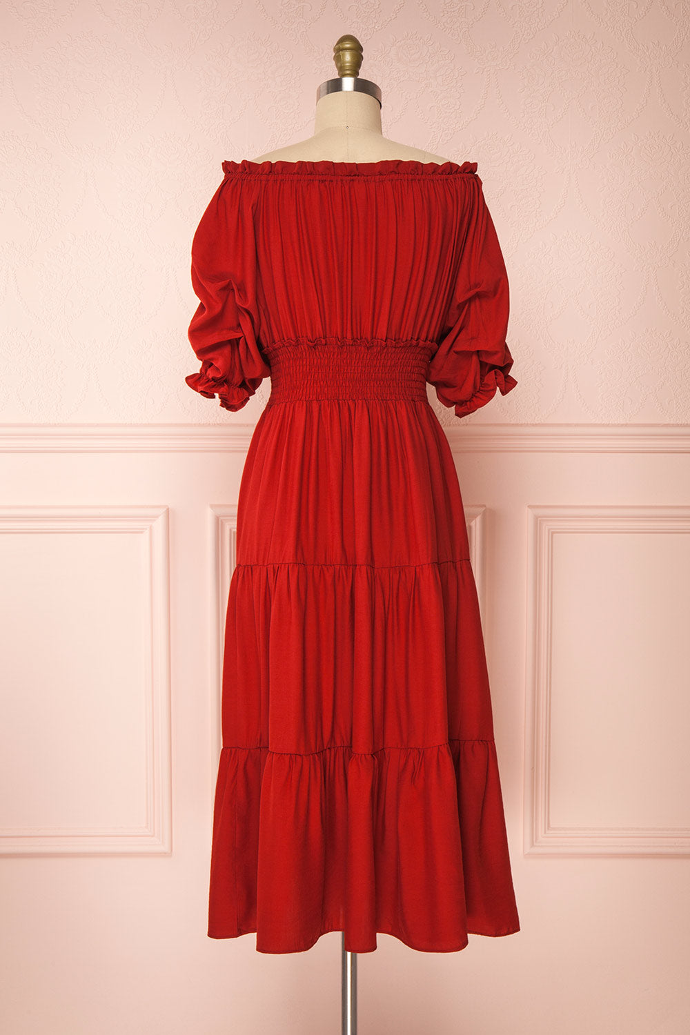 Catolie Red Layered Midi Dress w/ Frills | Boutique 1861 back view