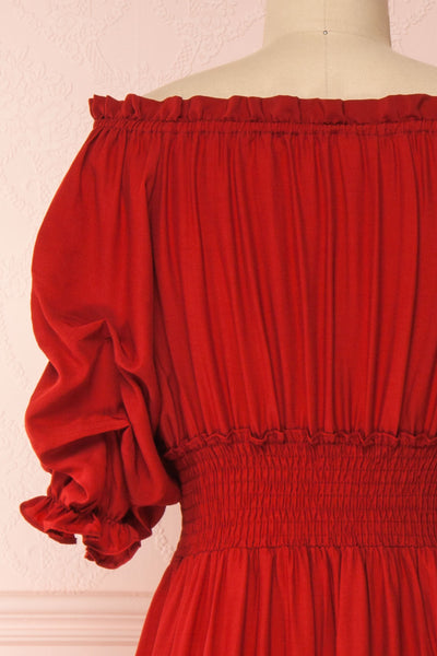 Catolie Red Layered Midi Dress w/ Frills | Boutique 1861 back close-up