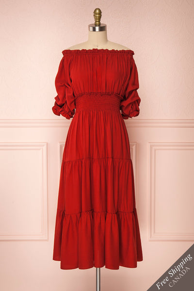Catolie Red Layered Midi Dress w/ Frills | Boutique 1861 front view