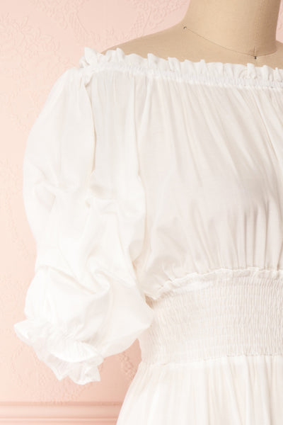 Catolie White Layered Midi Dress w/ Frills | Boutique 1861 side close-up
