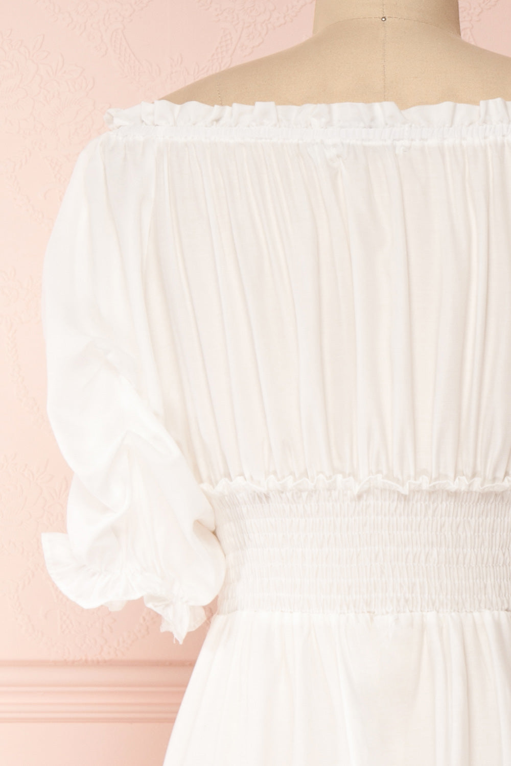 Catolie White Layered Midi Dress w/ Frills | Boutique 1861 back close-up