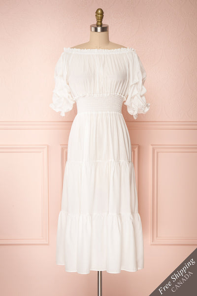 Catolie White Layered Midi Dress w/ Frills | Boutique 1861 front view