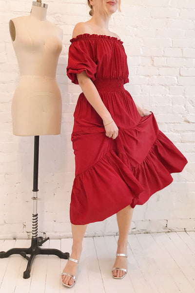 Catolie Red Layered Midi Dress w/ Frills | Boutique 1861 on model