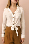 Cayambe Blanc White Crepe Button-Up Shirt | La Petite Garçonne on model
