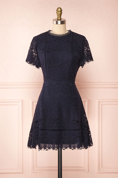 Cecilia Navy Blue Short Sleeve Lace Dress | Boutique 1861 front view