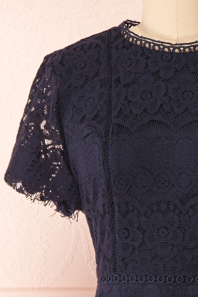 Cecilia Navy Blue Short Sleeve Lace Dress | Boutique 1861 front close-up