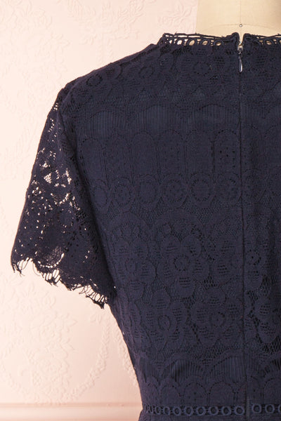 Cecilia Navy Blue Short Sleeve Lace Dress | Boutique 1861 back close-up