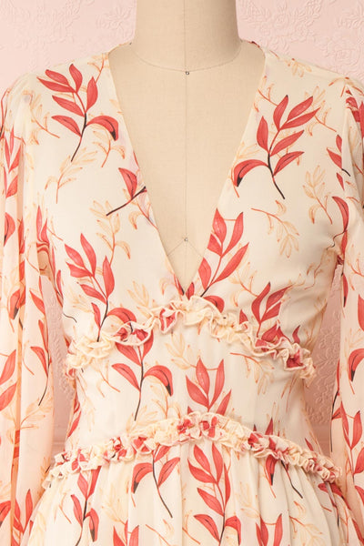 Celina Cream & Pink Long Sleeve Short Dress | Boutique 1861 front close-up