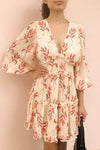 Celina Cream & Pink Long Sleeve Short Dress | Boutique 1861 on model