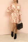 Celina Cream & Pink Long Sleeve Short Dress | Boutique 1861 model look front close-up