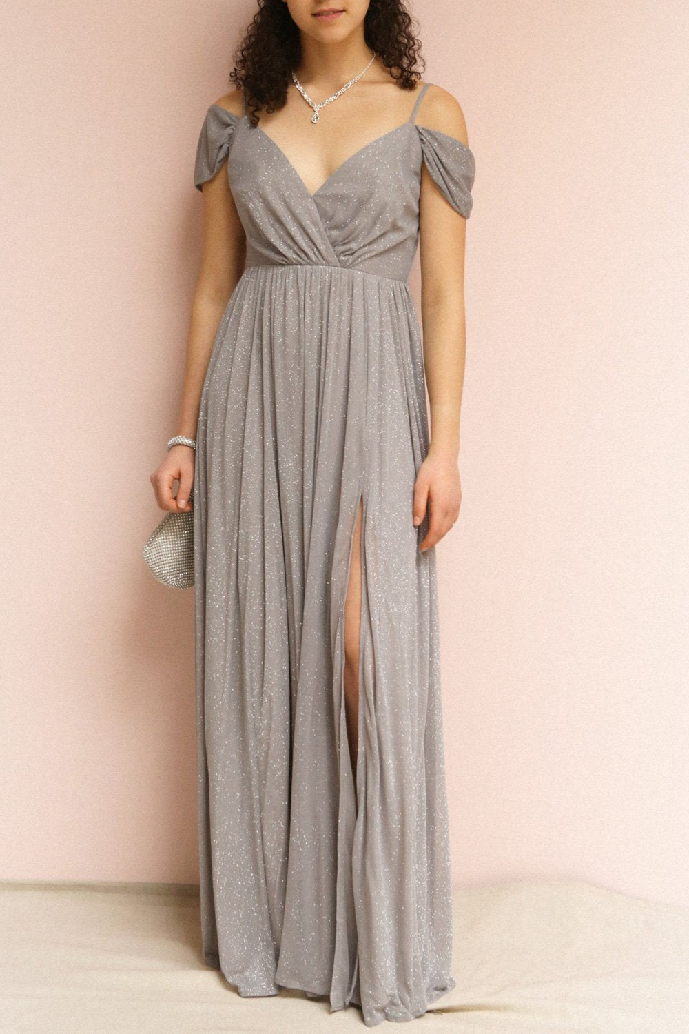 Cephee Grey Maxi Glitter Dress | Boutique 1861 on model