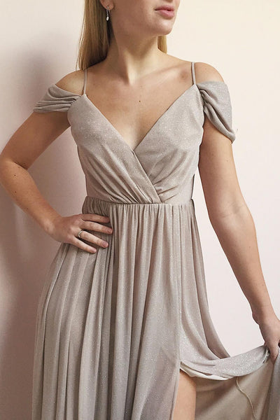Cephee Taupe Glitter Dress | Robe Maxi | Boutique 1861 model close up
