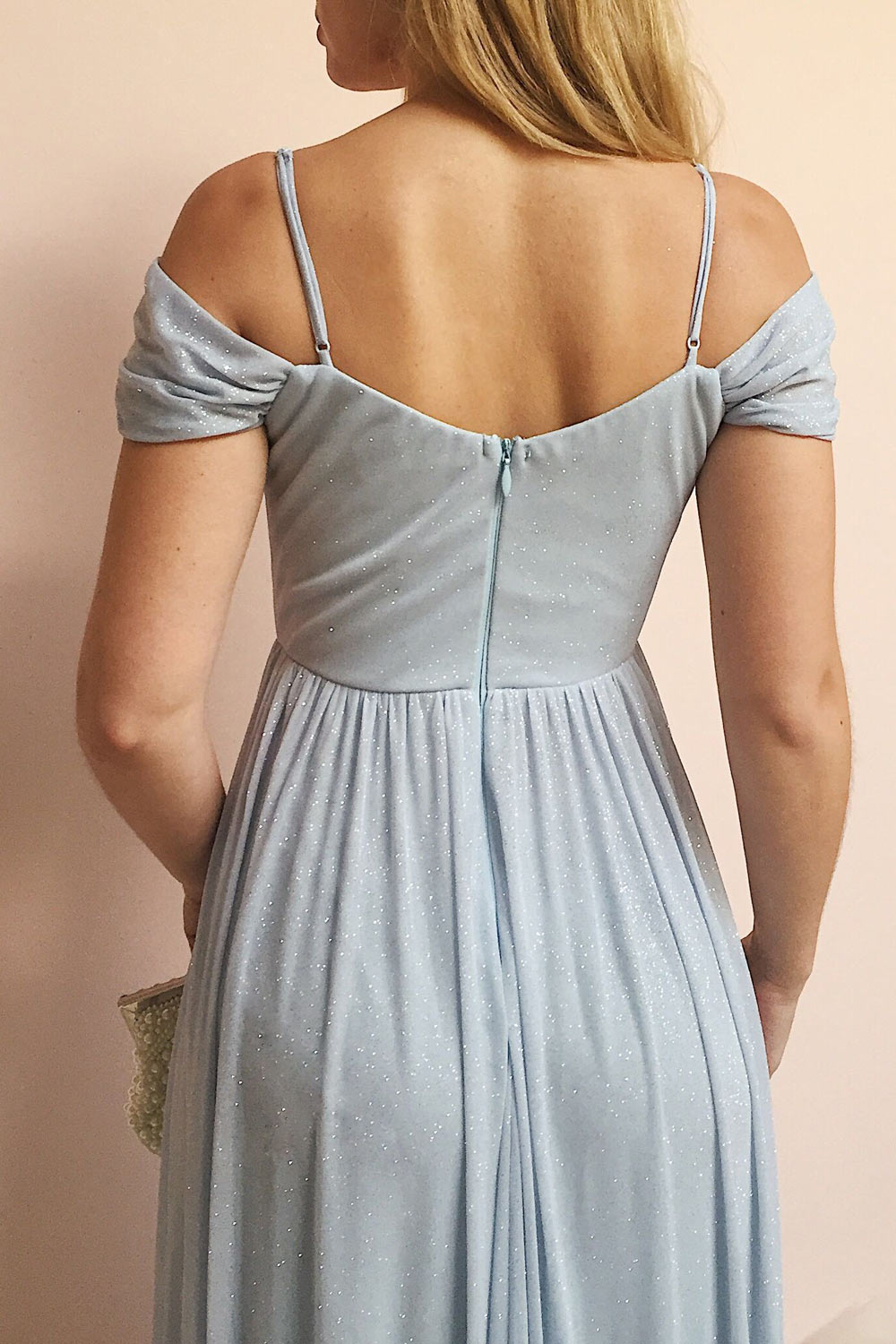 Cephee Dusty Blue Glitter Dress | Robe Maxi | Boutique 1861 model back