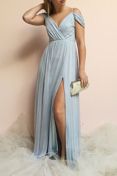 Cephee Dusty Blue Glitter Dress | Robe Maxi | Boutique 1861 on model