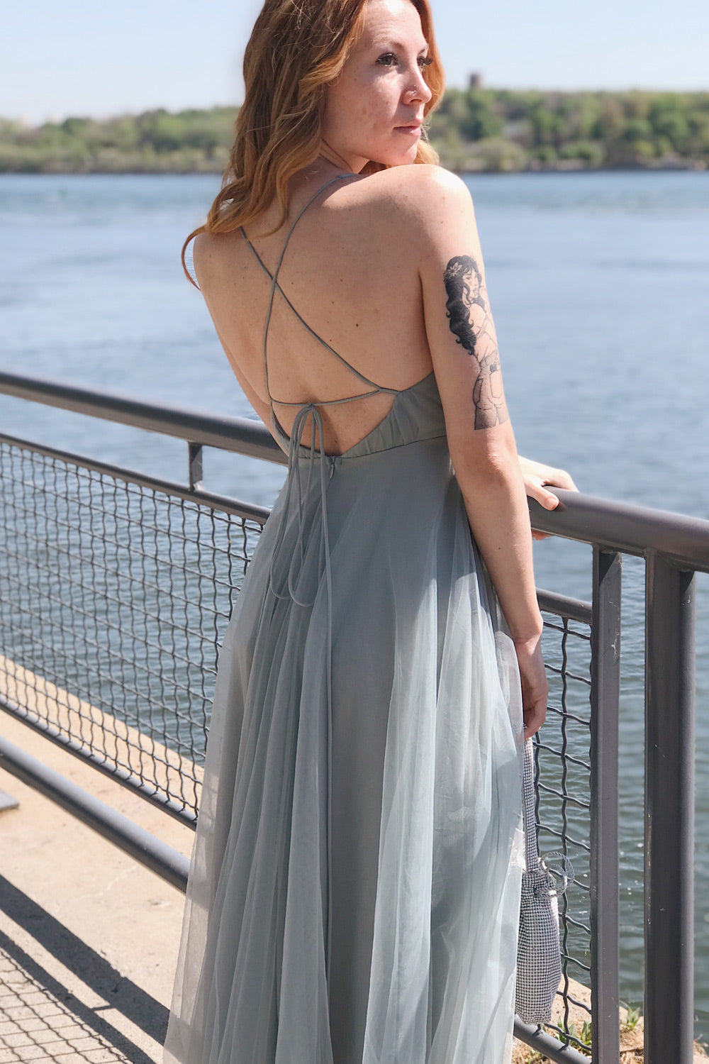 Cersei Navy Plunging Neckline Tulle Midi Dress | Boutique 1861 model back