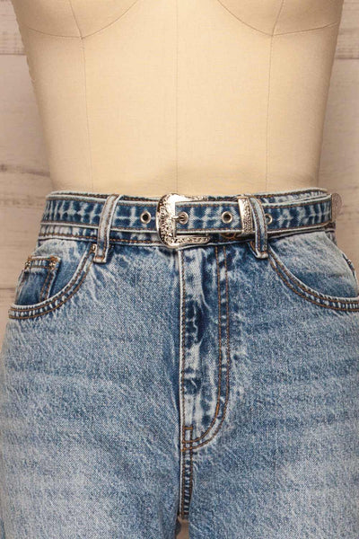 Ceyras Light Washed Denim Jeans | La petite garçonne front close-up