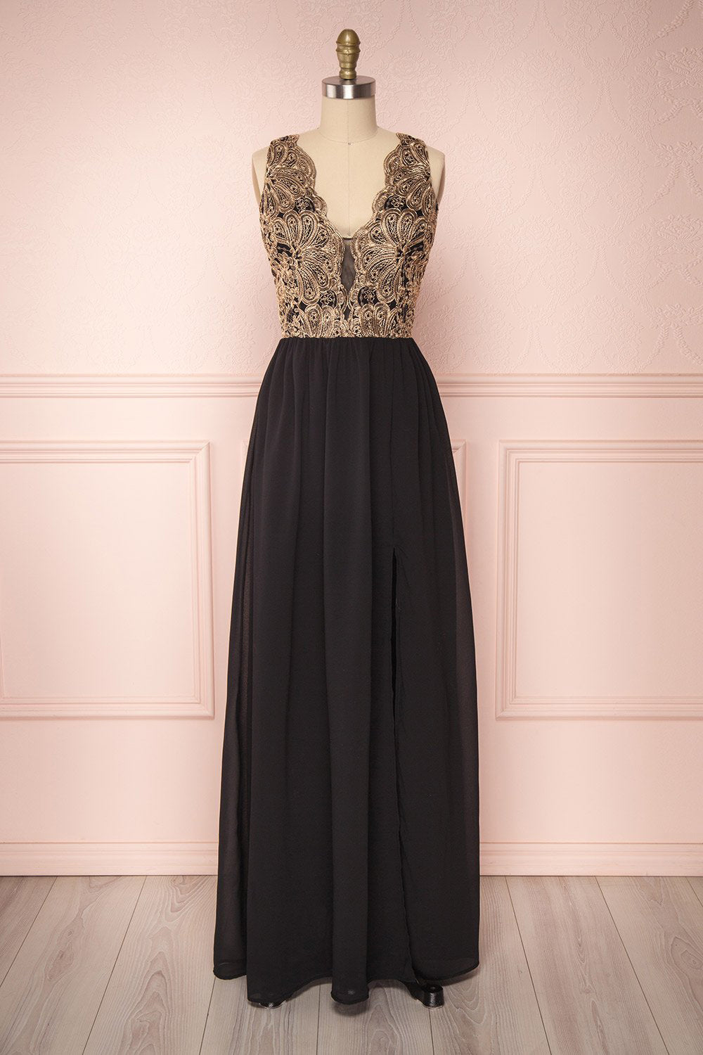 Chalva Black Chiffon A-Line Gown with Gold Appliqués | Boutique 1861