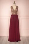Chalva Wine Red Chiffon Gown with Gold Appliqués | Boutique 1861