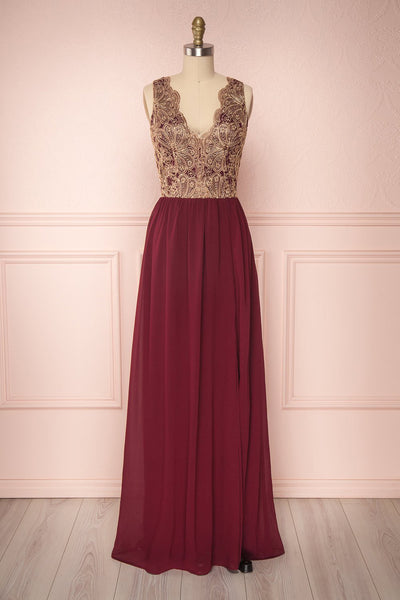 Chalva Wine Red Chiffon Gown with Gold Appliqués | Boutique 1861