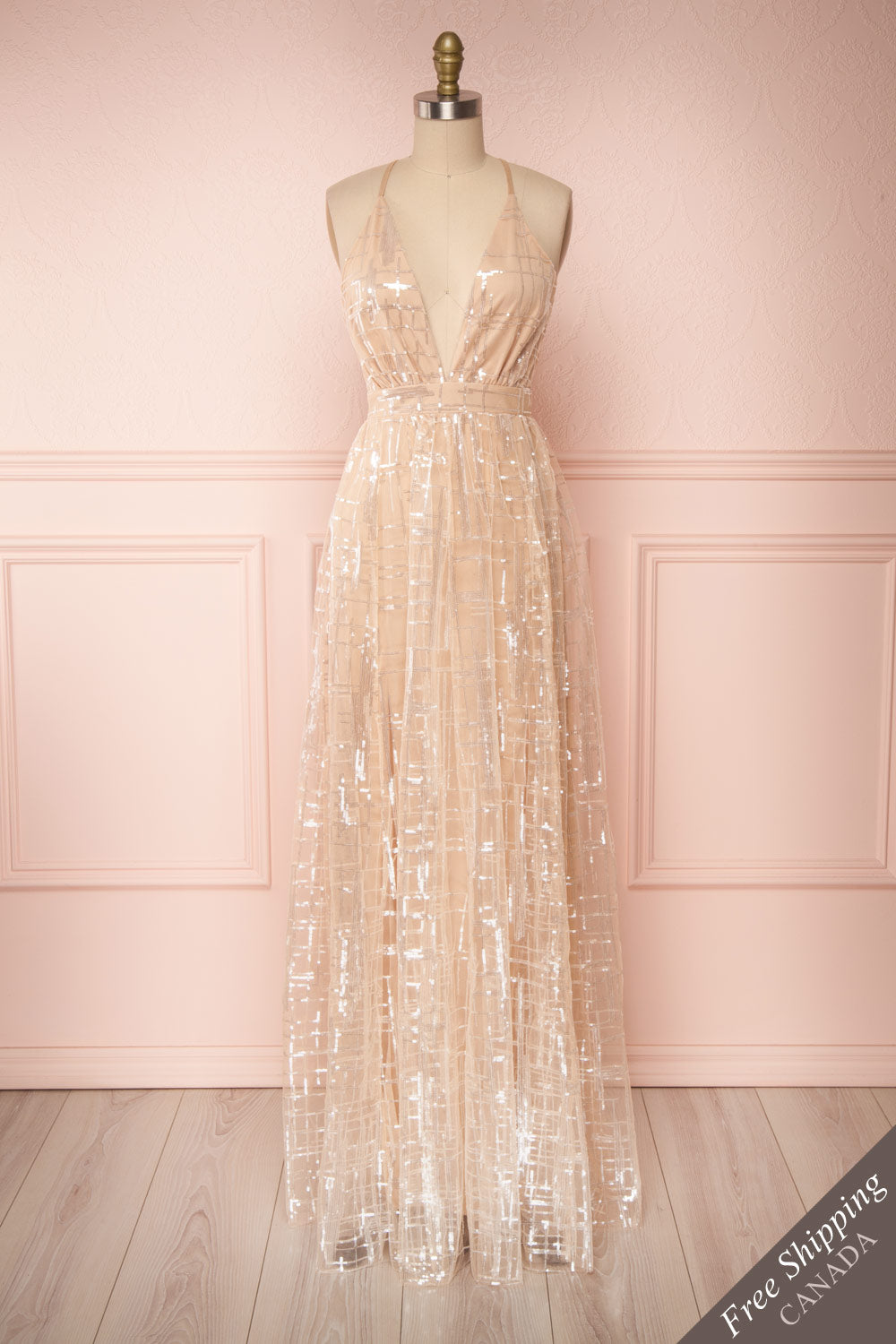 Chandrima Beige Maxi Dress w/ Plunging Neckline | Boutique 1861