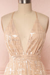 Chandrima Beige Maxi Dress w/ Plunging Neckline | Boutique 1861 front close up