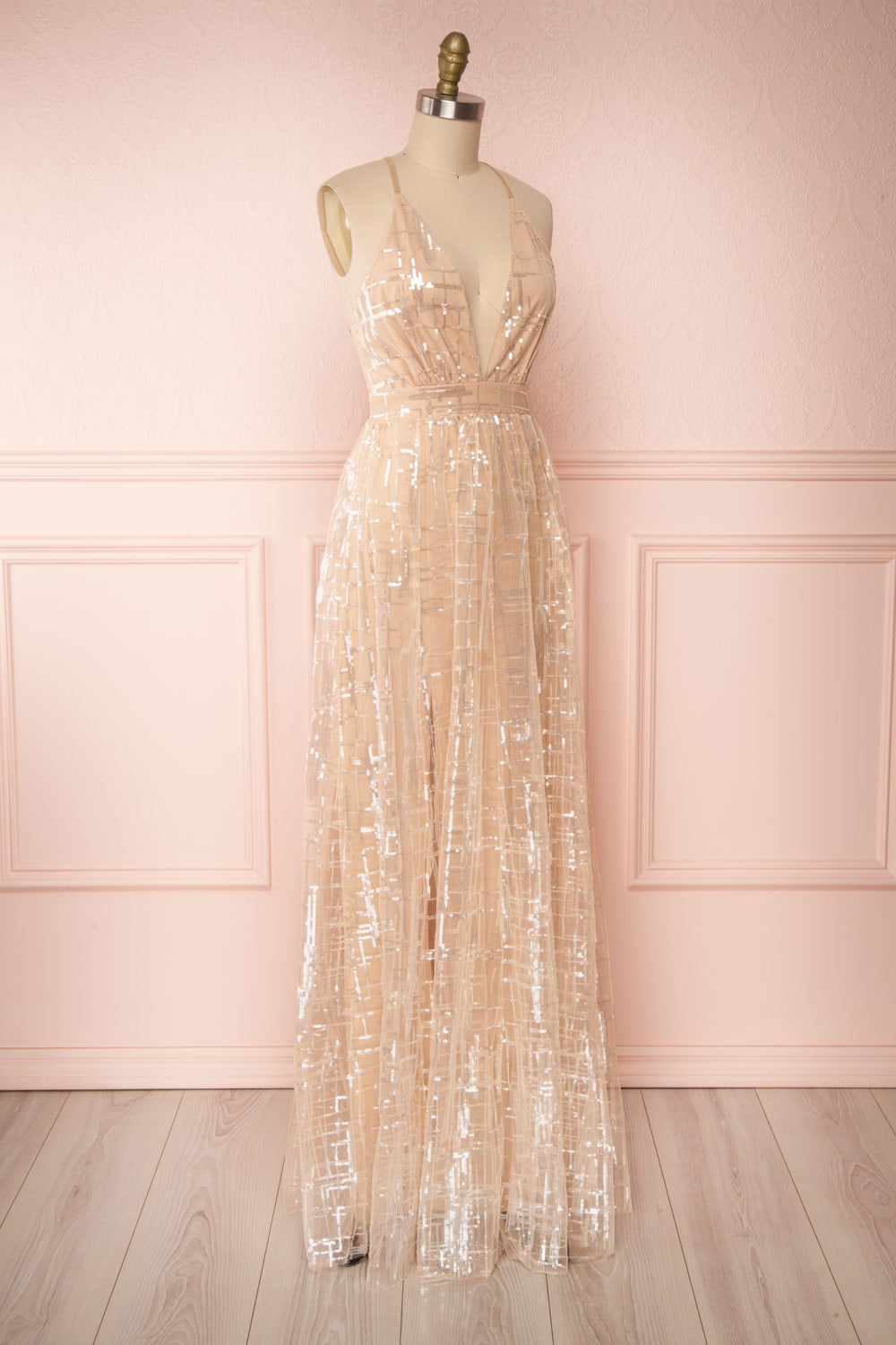 Chandrima Beige Maxi Dress w/ Plunging Neckline | Boutique 1861 side view