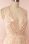 Chandrima Beige Maxi Dress w/ Plunging Neckline | Boutique 1861 side close up