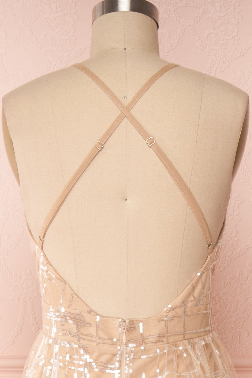 Chandrima Beige Maxi Dress w/ Plunging Neckline | Boutique 1861 back close up