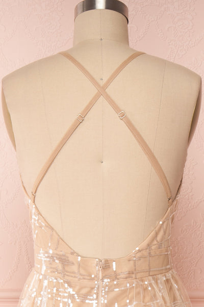 Chandrima Beige Maxi Dress w/ Plunging Neckline | Boutique 1861 back close up