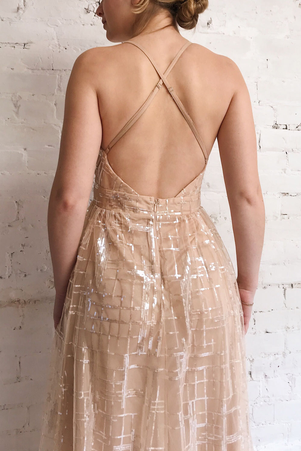 Chandrima Beige Maxi Dress w/ Sequins Tulle | Boutique 1861 model close up