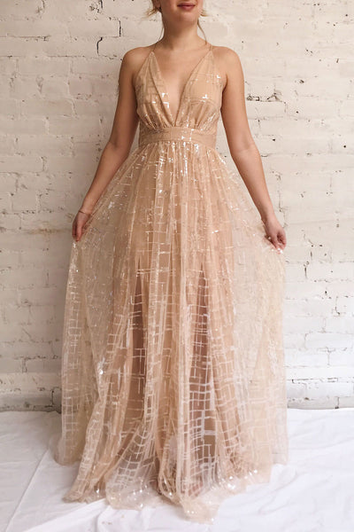 Chandrima Beige Maxi Dress w/ Sequins Tulle | Boutique 1861 model look
