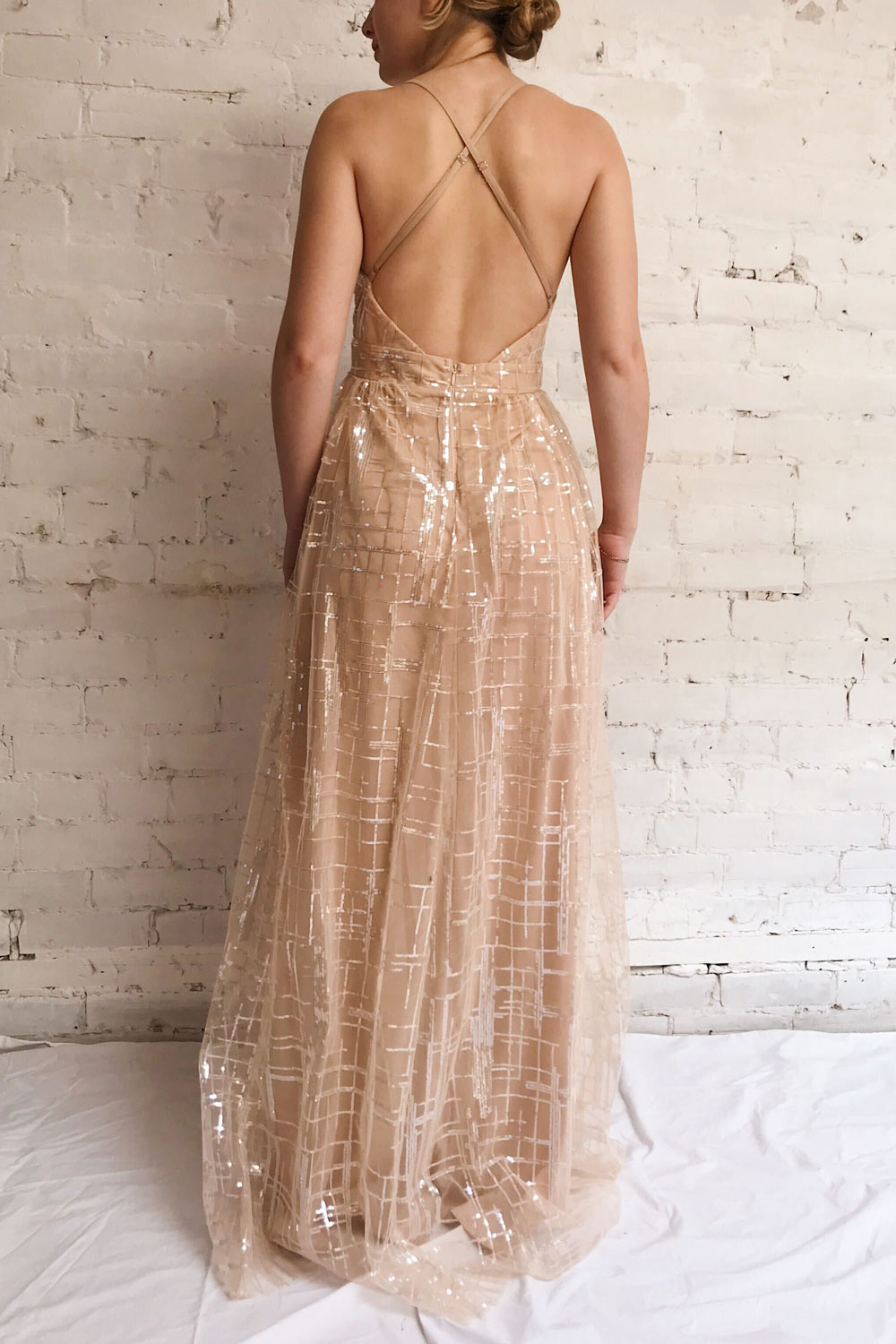 Chandrima Beige Maxi Dress w/ Sequins Tulle | Boutique 1861 model back