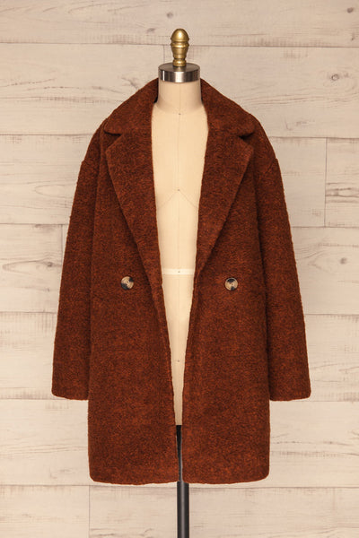 Chania Rust Brown Double Breasted Wool Coat | La Petite Garçonne front view open