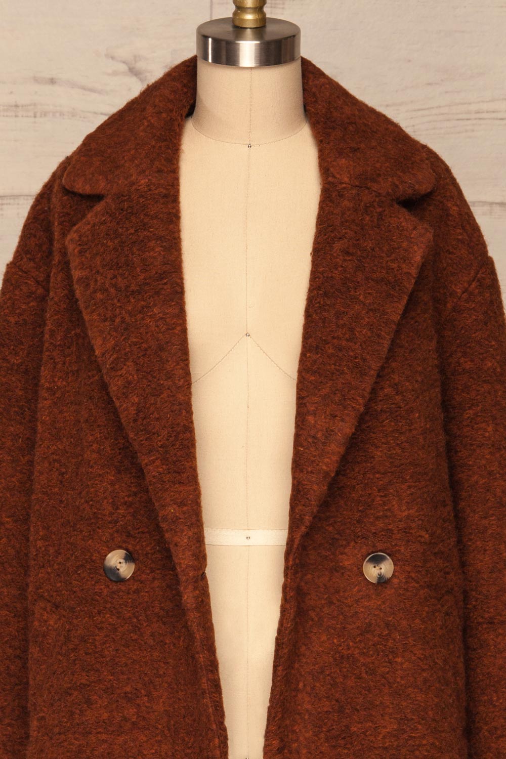 Chania Rust Brown Double Breasted Wool Coat | La Petite Garçonne front close-up open