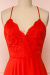 Chantay Red A-Line Maxi Dress w/ Lace | Boutique 1861 front close-up