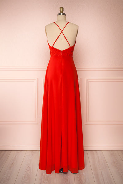 Chantay Red A-Line Maxi Dress w/ Lace | Boutique 1861 back view