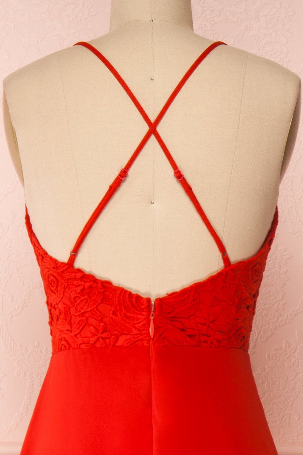 Chantay Red A-Line Maxi Dress w/ Lace | Boutique 1861 back close-up