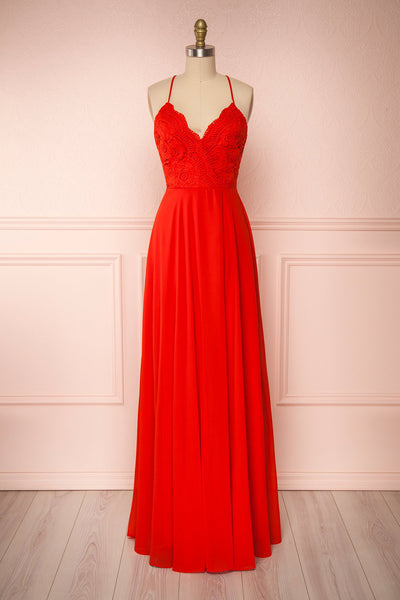 Chantay Red A-Line Maxi Dress w/ Lace | Boutique 1861 front