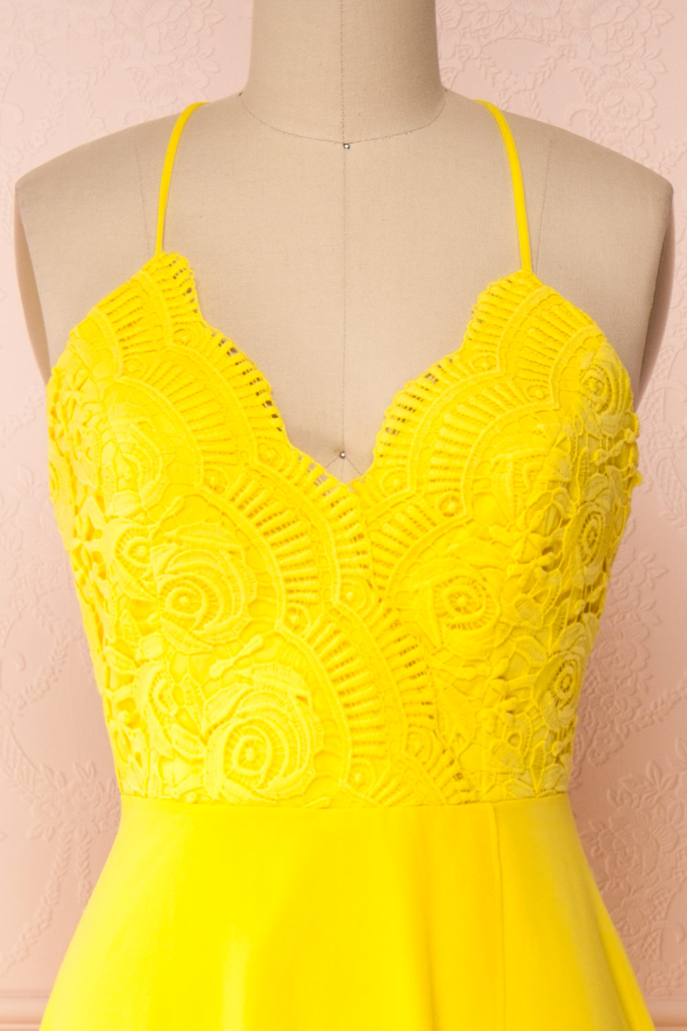 Chantay Yellow A-Line Maxi Dress w/ Lace | Boutique 1861 front close-up