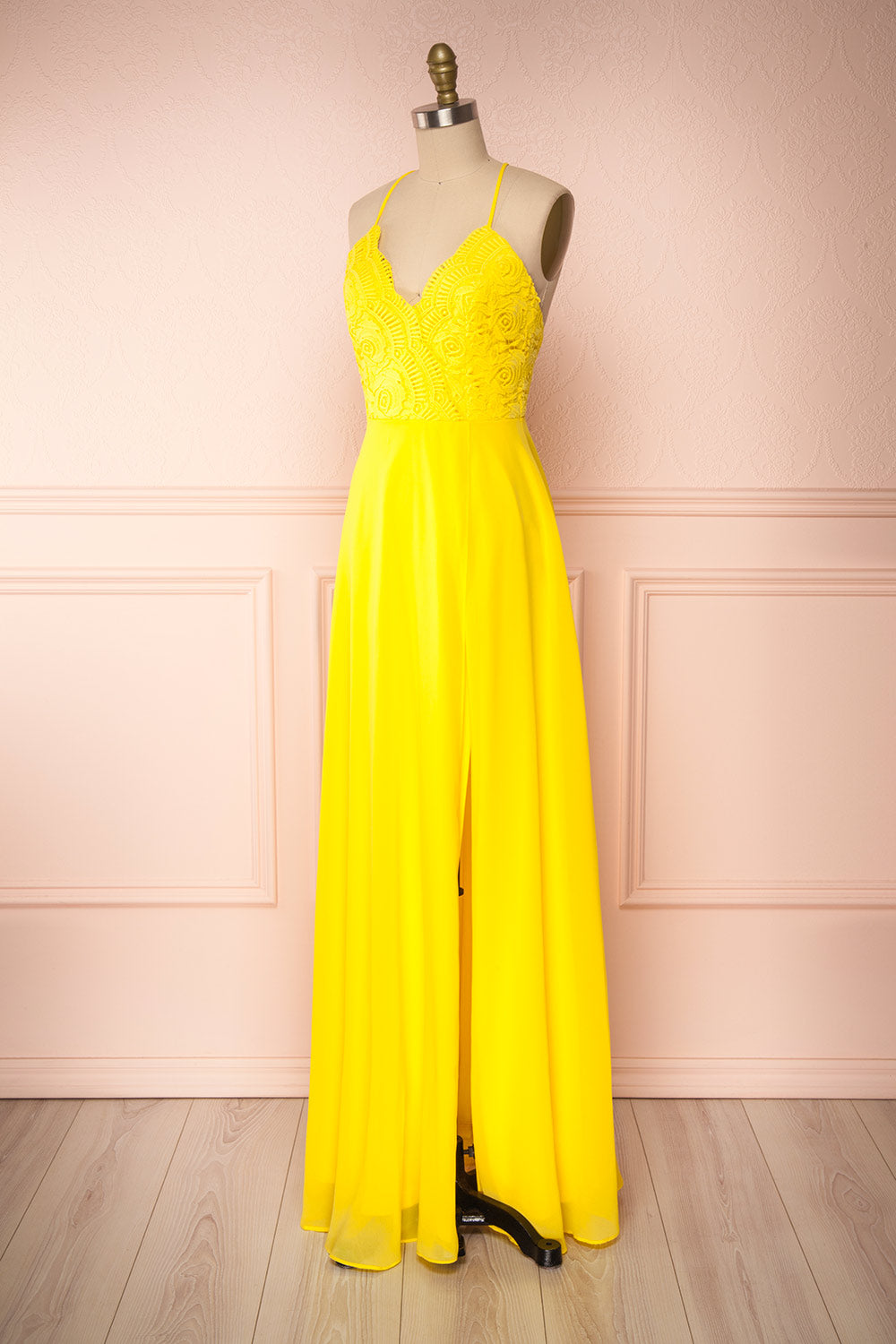 Chantay Yellow A-Line Maxi Dress w/ Lace | Boutique 1861 side view 