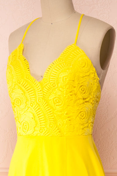 Chantay Yellow A-Line Maxi Dress w/ Lace | Boutique 1861 side close-up