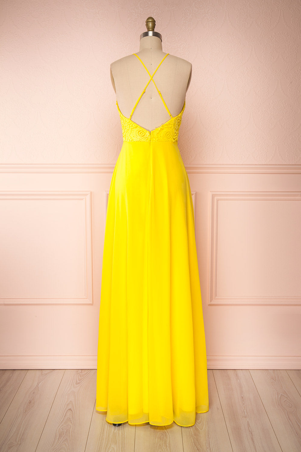 Chantay Yellow A-Line Maxi Dress w/ Lace | Boutique 1861 back view