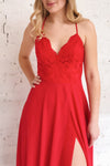 Chantay Red A-Line Maxi Dress w/ Lace | Boutique 1861 model close up