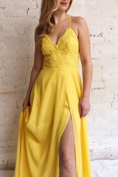 Chantay Yellow A-Line Maxi Dress w/ Lace | Boutique 1861 model close up