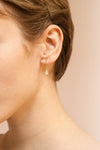 Charline Crystal Golden Earrings | Pendantes | Boutique 1861 on model with a pixie cut