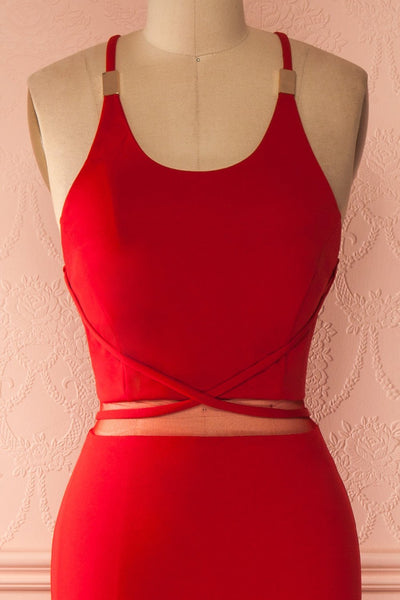Cheska Passion - Red waist mesh cut-out halter gown
