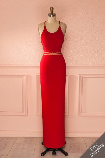 Cheska Passion - Red waist mesh cut-out halter gown